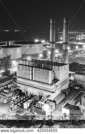 Night Scene Of Power Plant In Black And White