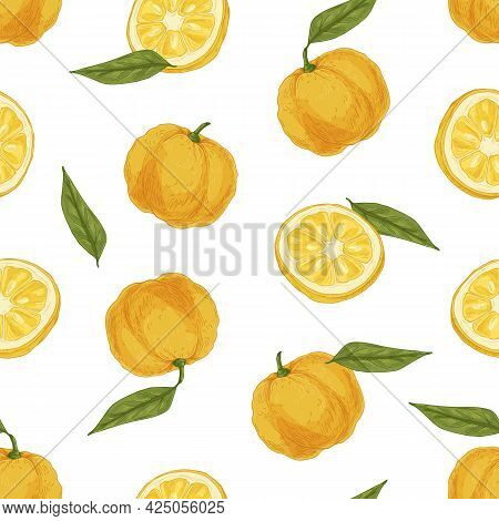 Seamless Tropical Pattern With Yuzu And Leaves On White Background. Endless Repeatable Texture With 