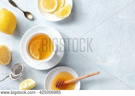 Lemon Tea With Honey, Shot From The Top With A Place For Text. Healthy Organic Citrus Detox Drink. S