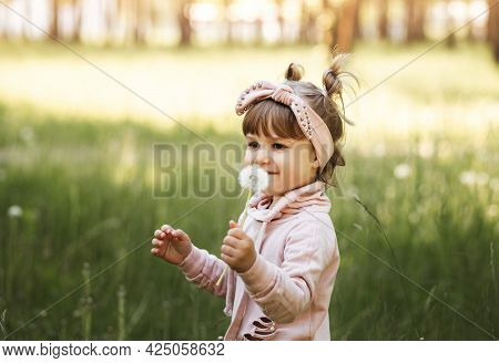 Little Girl With White Dandelion In The Park In The Summer