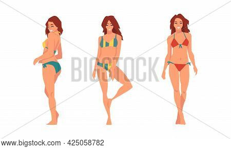 Young Woman In Swimsuit Having Slim Body Standing And Posing Vector Set