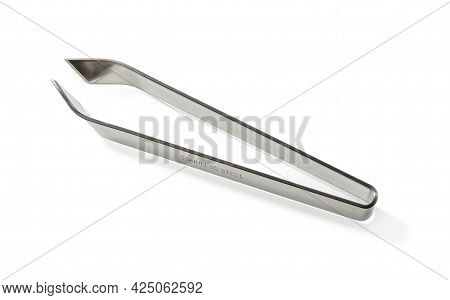 Fish Bone Remover Tongs Isolated On White Background. Stainless Steel Tweezers For Removing Small Bo