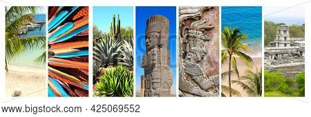 Collection of vertical banners with famous landmarks of Mexico. Ruins of Royal palace, bas-relief of mayan king Pakal, pre-Columbian Mayan civilization in Palenque, atlantean in Tula, cactus garden