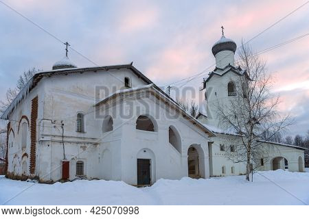 At The Ancient Churches Of The Transfiguration Monastery On The January Evening. Staraya Russa, Russ