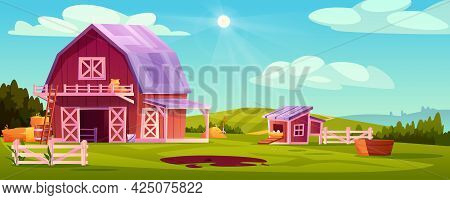Farmyard Outside Scenery Landscape Illustration. Wooden Barn Farm House, Green Rural Farm, Chicken C