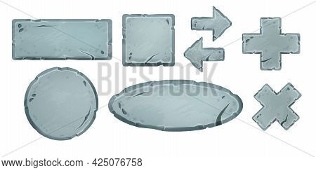 Game Stone Vector Sign Board Set, Rock Rectangle Panel, Square Ui Boulder, Cross Button, Pointer, Ci