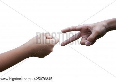Children Are Playing A Hand Game Rock Paper Scissors, Roshambo Or Rps  Isolated On White Background 