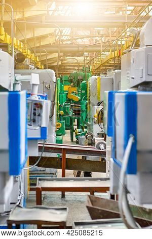 Manufacturing Concepts. Interior Of Machine Assembling Working Shop Inside Of Modern Industrial Ente