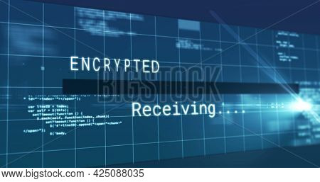 Image of encrypted data transfer text flickering digital interface on screen. global connections, data processing, computing and digital interface concept digitally generated image.