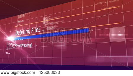 Image of deleting files text digital interface flickering on screen. global connections, data processing, computing and digital interface concept digitally generated image.