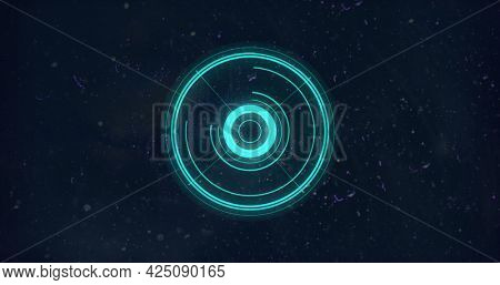 Image of flickering glowing blue scope scanning and lines on purple background. digital interface global connection and communication concept digitally generated image.