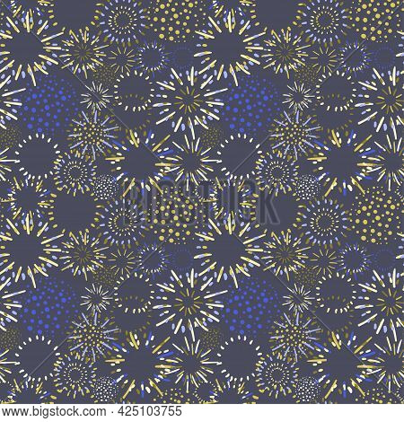 Vector Seamless Pattern With Fireworks In Variety Of Bright Colors Can Be Used For Wallpaper, Textil