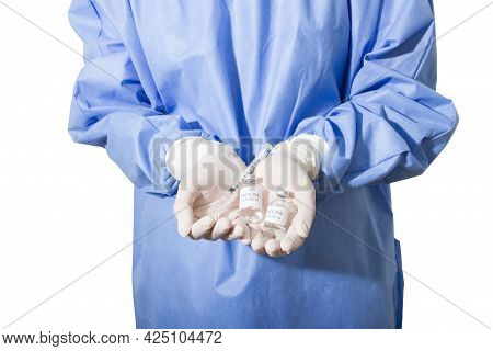 Asian Doctor Or Nurse Holding Syringe And Vaccine Vial Preparing To Inject Covic 19 Vaccine On White