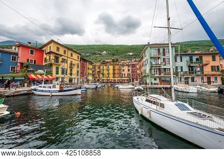 Castelletto Di Brenzone, Italy - May 16, 2020: Port Of The Small Village Of Castelletto Di Brenzone,