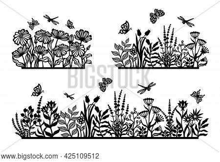 Set Of Black Silhouettes Of Flower Meadow. Flowerbed, Field, Garden With Herbs, Plants, Leaves, Cham
