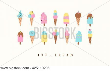 Set Of Different Types Of Ice Creams, Cone, Sundae, Ice Cream On Stick With Fruits. Kawaii Vector Il