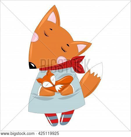 Stylish Red Fox Mom In An Elegant Dress And A Scarf Tied Around Her Neck With A Little Baby Fox In H