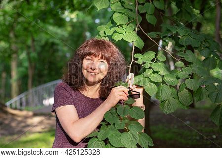Pretty Woman Of Forty-five With Brown Hair Looks At Camera And Holds A Linden Branch In Her Hands. P