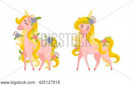 Pink Unicorn With Slender Legs And Golden Mane Vector Set