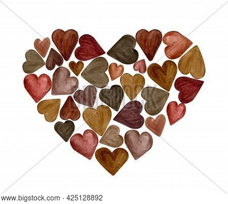 Brown Watercolor Hearts Isolated On White Background. Black Lives Matter, Sign Of Peace And Friendsh