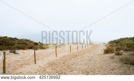Beautiful Entrance To Laredo Beach With No People. Summer Cloudy Day. Cantabria, Spain, Europe