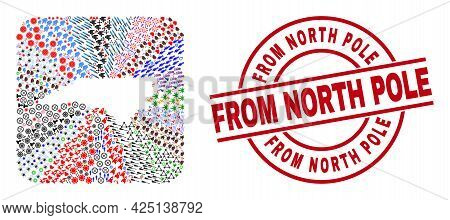 Vector Collage North Carolina State Map Of Different Symbols And From North Pole Stamp. Mosaic North