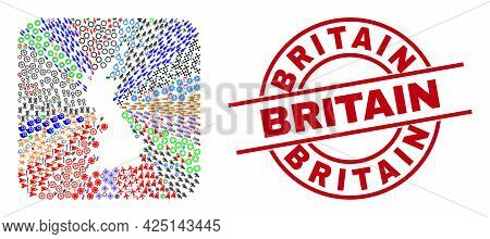 Vector Mosaic Great Britain Map Of Different Icons And Britain Stamp. Mosaic Great Britain Map Const