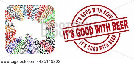 Vector Collage Jersey Island Map Of Different Symbols And Its Good With Beer Badge. Collage Jersey I