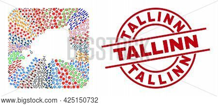 Vector Collage Estonia Map Of Different Pictograms And Tallinn Seal Stamp. Mosaic Estonia Map Constr