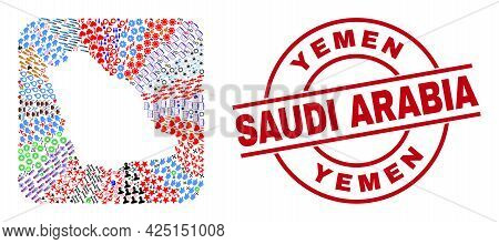 Vector Mosaic Saudi Arabia Map Of Different Icons And Yemen Saudi Arabia Badge. Mosaic Saudi Arabia 