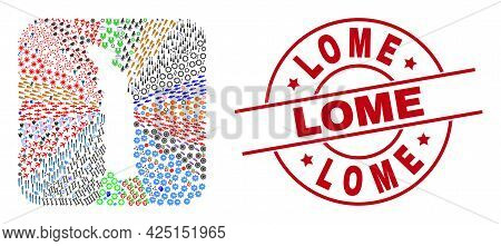 Vector Collage Togo Map Of Different Icons And Lome Seal Stamp. Collage Togo Map Constructed As Carv