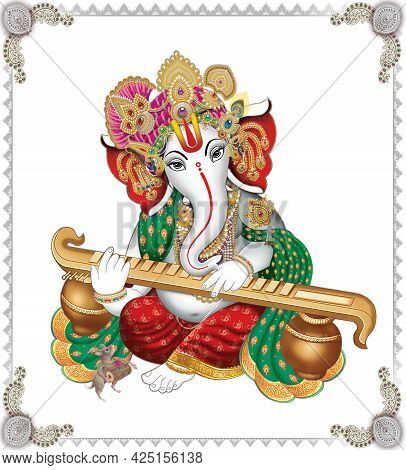 Indian God Ganesha, Indian Lord Ganesh, Indian Mythological Image Of Ganesha.