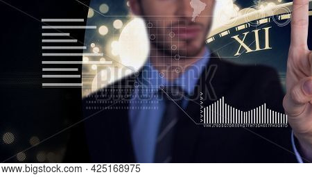 Animation of data processing over businessman touching screen. global business, digital interface, technology and networking concept digitally generated video.