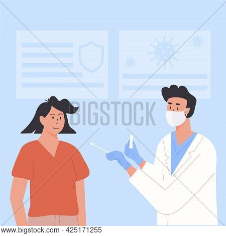 A Doctor Or Male Nurse Wearing Face Mask And Latex Gloves Taking Nasal Pcr Swab Test From Woman Pati