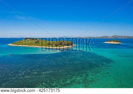 Aerial View Of Beautiful Islands On Adriatic Sea In Croatia, Near Town Of Pakostane