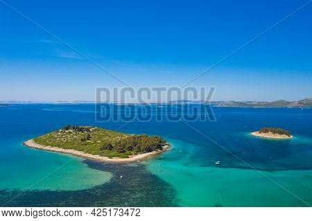 Aerial View Of Beautiful Islands On Adriatic Sea In Croatia, Near Town Of Pakostane