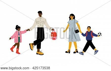 Father And Mother Holding Hand Of Their Son And Daughter Bringing Them To School In The Morning Vect