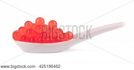 Red Tapioca Pearls For Bubble Tea Isolated On White Background. Tapioca Pearls In Ceramic Spoon.