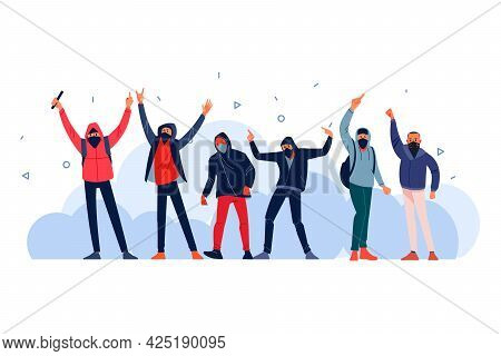 Angry Protest Young People Shouts Slogans While Attending A Large Anti Cuts Rally. Violent Young Hoo