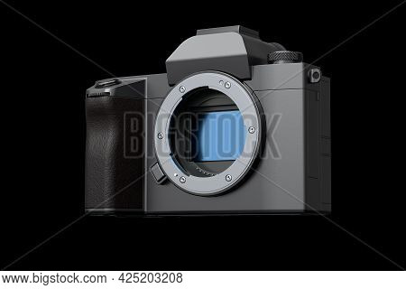 Concept Of Nonexistent Dslr Camera Isolated On A Black Background. 3d Rendering And Illustration Of 