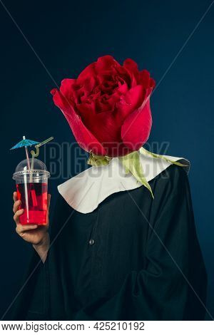 Female Model In Image Of Cloistress, Nun Headed Of Flower Rose. Concept Of Comparison Of Eras, Artwo