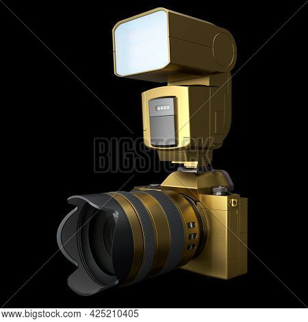 Concept Of Gold Nonexistent Dslr Camera With Lens And External Flash Speedlight Isolated On Black Ba