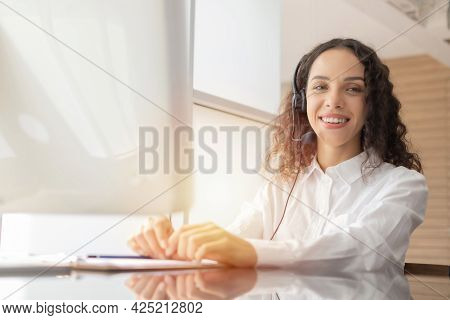 Vdo Conference. Happy Smiling Caucasian Female Call Center Customer Support Executive With Headset W