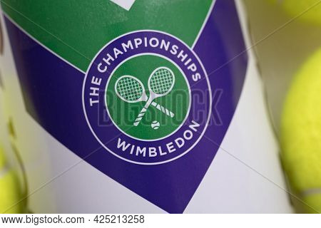 London, Uk - June 2021: Official Wimbledon Tennis Slazenger Brand Ball Tube