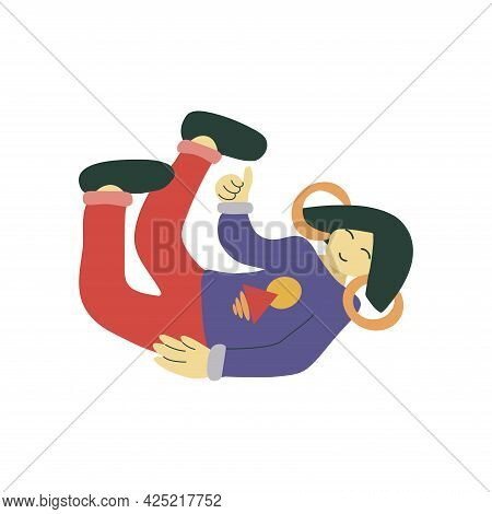 Joyful Girl Lies And Shows A Thumb Up. Large Round Hoop Earrings. Colorful Illustration Isolated Vec