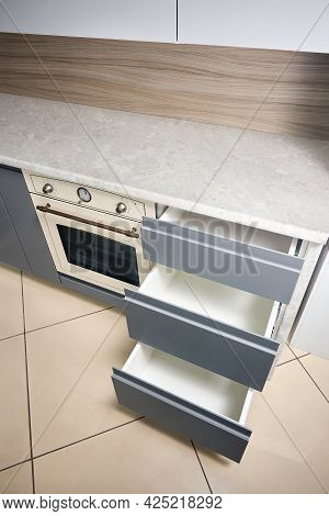Solution For Placing Kitchen Utensils In Modern Kitchen. Horizontal Sliding Pullout Drawer Shelves S