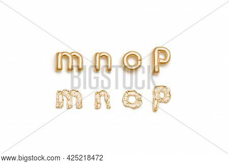Inflated, Deflated Gold M N O P Letters, Balloon Font, 3d Rendering. Decoration Golden Typeset For P