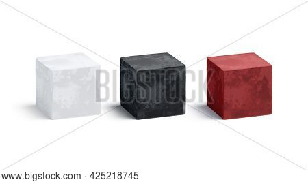 Blank Velvet Black, White And Red Cube Mockup Set, 3d Rendering. Empty Velour Or Silken Texture Box 