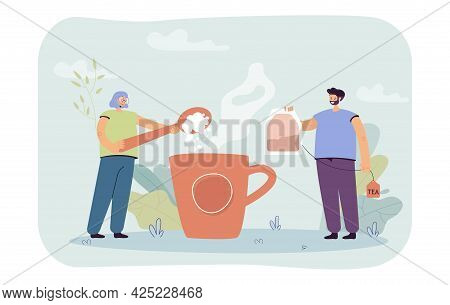 Man And Woman Brewing Huge Cup Of Tea. Flat Vector Illustration. Huge Cup Of Boiling Water, Girl Put
