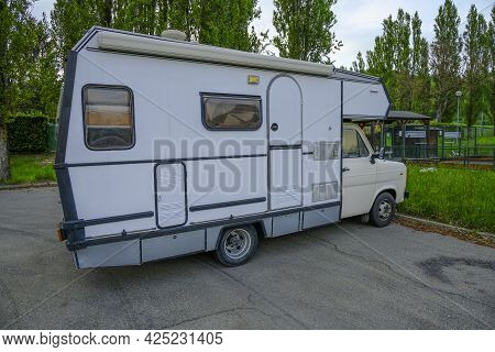 June 2021 Parma, Italy: White Laika Camper Trailer Parked Close-up. Camper Traveling Concept